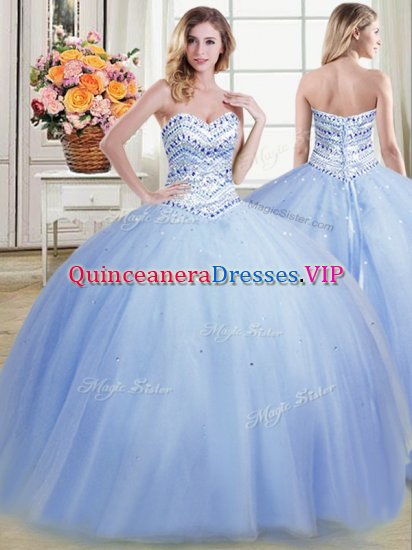 On Sale Sleeveless Floor Length Beading Lace Up Vestidos de Quinceanera with Light Blue - Click Image to Close
