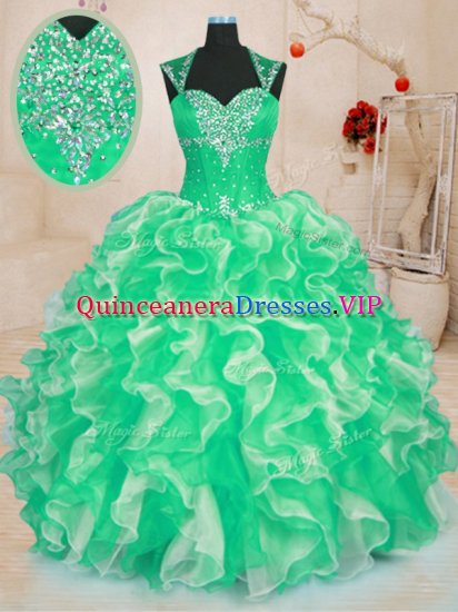Green Sleeveless Beading and Ruffles Floor Length Sweet 16 Quinceanera Dress - Click Image to Close