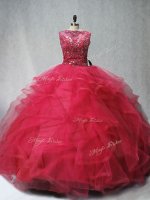 Coral Red Scoop Lace Up Beading and Ruffles Quinceanera Gowns Brush Train Sleeveless