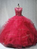 Coral Red Scoop Lace Up Beading and Ruffles Quinceanera Gowns Brush Train Sleeveless(SKU PSSW0991-5BIZ)