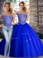 Captivating Royal Blue 15 Quinceanera Dress Off The Shoulder Sleeveless Brush Train Lace Up