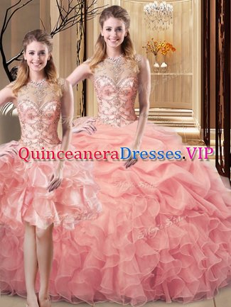 Colorful Peach Sleeveless Organza and Tulle Lace Up Quince Ball Gowns for Sweet 16 and Quinceanera