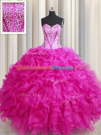 Visible Boning Bling-bling Hot Pink Sleeveless Organza Lace Up Quinceanera Dresses for Military Ball and Sweet 16 and Quinceanera - Click Image to Close