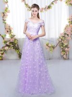 Cap Sleeves Tulle Floor Length Lace Up Court Dresses for Sweet 16 in Lavender with Appliques