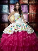 Fuchsia Ball Gowns Organza Sweetheart Sleeveless Embroidery and Ruffled Layers Floor Length Lace Up Sweet 16 Dresses