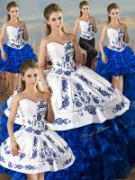 Blue And White Ball Gowns Embroidery and Ruffles Sweet 16 Dresses Lace Up Organza Sleeveless Floor Length