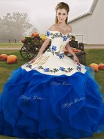 Amazing Royal Blue Lace Up Off The Shoulder Embroidery and Ruffles Sweet 16 Dresses Tulle Sleeveless