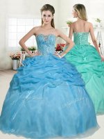 High End Baby Blue Ball Gowns Beading and Pick Ups Quinceanera Gowns Lace Up Organza Sleeveless Floor Length(SKU YYPJ051BIZ)