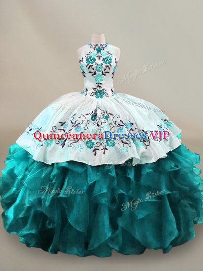 Cute Teal Ball Gowns Organza Halter Top Sleeveless Embroidery and Ruffles Floor Length Lace Up 15th Birthday Dress - Click Image to Close