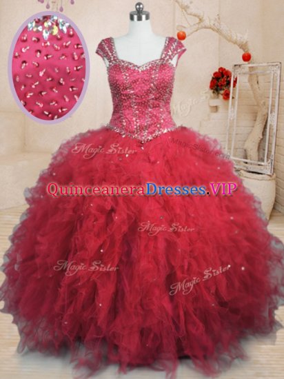 Wonderful Tulle Square Cap Sleeves Lace Up Beading and Ruffles Quince Ball Gowns in Red - Click Image to Close