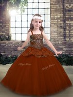 Unique Beading and Lace Girls Pageant Dresses Rust Red Lace Up Sleeveless Floor Length