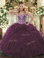 Burgundy Ball Gowns Beading and Ruffled Layers Quinceanera Gown Lace Up Tulle Sleeveless Floor Length(SKU SJQDDT1037002-1BIZ)