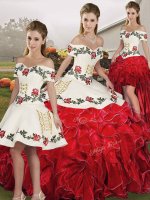 Extravagant White And Red Sleeveless Embroidery and Ruffles Floor Length 15 Quinceanera Dress