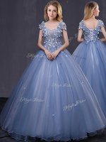 Scoop Floor Length Lavender Quince Ball Gowns Tulle Short Sleeves Appliques(SKU YCQD0118BIZ)