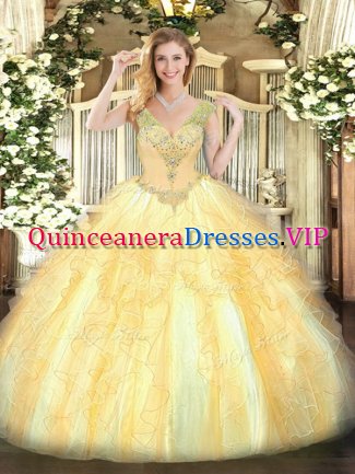 Customized Gold Organza Lace Up Quinceanera Gowns Sleeveless Floor Length Beading and Ruffles