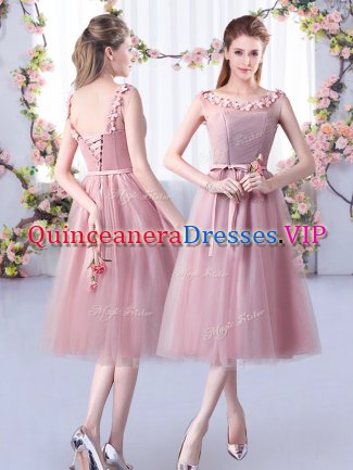 Pink Tulle Lace Up Dama Dress Sleeveless Tea Length Appliques and Belt