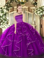 Beauteous Purple Sleeveless Floor Length Ruffles Zipper Quince Ball Gowns