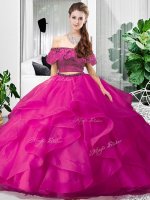 Hot Pink Sleeveless Floor Length Lace and Ruffles Lace Up Vestidos de Quinceanera