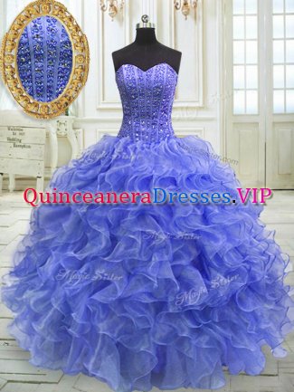 Pretty Organza Sweetheart Sleeveless Lace Up Beading and Ruffles Quince Ball Gowns in Blue