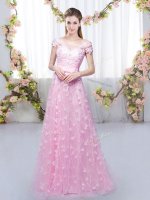 Cute Rose Pink Empire Tulle Off The Shoulder Cap Sleeves Appliques Floor Length Lace Up Dama Dress(SKU BMT0523-6BIZ)