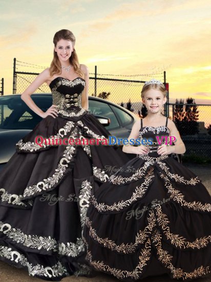 Low Price Sleeveless Taffeta Floor Length Lace Up Quinceanera Gowns in Black with Embroidery and Ruffled Layers - Click Image to Close