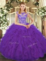 Floor Length Eggplant Purple 15 Quinceanera Dress Organza Cap Sleeves Beading and Ruffles