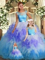 Charming Multi-color Ball Gowns Scoop Sleeveless Tulle Floor Length Backless Lace and Ruffles 15th Birthday Dress
