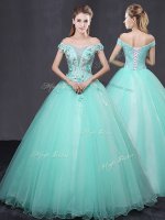 Clearance Off the Shoulder Apple Green Tulle Lace Up Quinceanera Gown Sleeveless Floor Length Appliques
