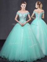Clearance Off the Shoulder Apple Green Tulle Lace Up Quinceanera Gown Sleeveless Floor Length Appliques(SKU YCQD0133BIZ)