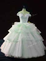 Glamorous Apple Green Sleeveless Beading and Ruffled Layers Lace Up Quinceanera Gown