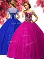 Fuchsia Tulle Lace Up Sweetheart Sleeveless Floor Length Ball Gown Prom Dress Beading
