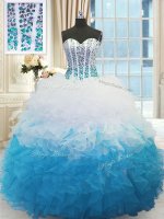 Smart Blue And White Lace Up Sweetheart Beading and Ruffles Sweet 16 Dresses Organza Sleeveless