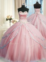 Sweetheart Sleeveless Tulle Quinceanera Gowns Beading and Appliques Court Train Lace Up