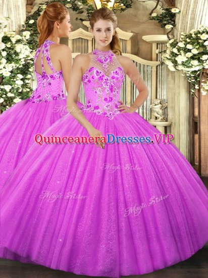 Gorgeous Fuchsia Tulle Lace Up 15 Quinceanera Dress Sleeveless Floor Length Beading and Embroidery - Click Image to Close
