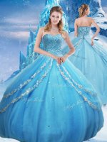 Sumptuous Baby Blue Tulle Lace Up Military Ball Gown Sleeveless Floor Length Beading and Appliques and Sequins(SKU PSSW0661MTBIZ)