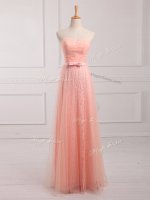 Cheap Peach Sleeveless Tulle and Lace Lace Up Damas Dress for Prom and Party and Wedding Party