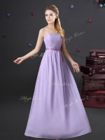 Lavender Empire Chiffon Strapless Sleeveless Lace and Belt Floor Length Lace Up Quinceanera Court Dresses