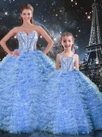 Designer Sweetheart Sleeveless Sweet 16 Dresses Floor Length Beading and Ruffles Blue Tulle