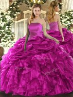Fuchsia Sleeveless Organza Lace Up Sweet 16 Dress for Military Ball and Sweet 16 and Quinceanera
