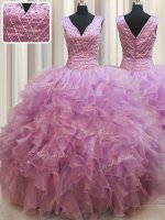 Dynamic Lilac Ball Gowns Beading 15 Quinceanera Dress Lace Up Organza Sleeveless Floor Length(SKU PSSW0486BIZ)