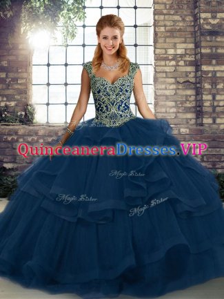 Traditional Beading and Ruffles Quinceanera Gowns Blue Lace Up Sleeveless Floor Length