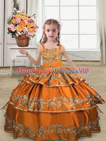 Satin Straps Sleeveless Lace Up Embroidery and Ruffled Layers Pageant Dress Toddler in Orange - Click Image to Close