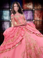 Off the Shoulder Floor Length Watermelon Red Quinceanera Gowns Taffeta Sleeveless Beading and Embroidery and Ruffled Layers