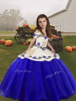Royal Blue Ball Gowns Embroidery Pageant Dress Lace Up Organza Sleeveless Floor Length