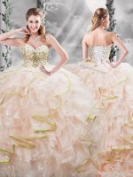 Latest Peach Ball Gowns Organza Sweetheart Sleeveless Beading and Ruffles Lace Up 15 Quinceanera Dress Brush Train(SKU PSSW0697MTBIZ)