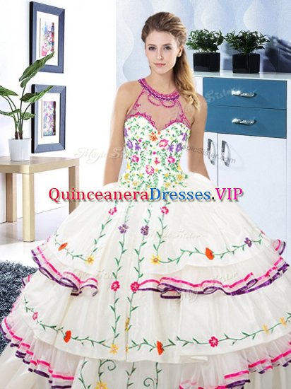 Ruffled Floor Length White 15 Quinceanera Dress Halter Top Sleeveless Lace Up - Click Image to Close