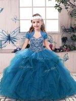 Blue Tulle Lace Up Straps Sleeveless Floor Length Little Girls Pageant Dress Wholesale Beading and Ruffles(SKU PAG1205-5BIZ)