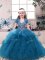 Blue Tulle Lace Up Straps Sleeveless Floor Length Little Girls Pageant Dress Wholesale Beading and Ruffles