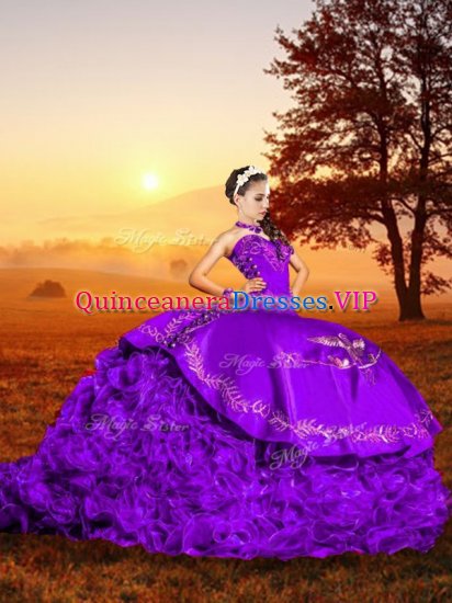Lace Up Vestidos de Quinceanera Lavender for Military Ball and Sweet 16 and Quinceanera with Embroidery Brush Train - Click Image to Close
