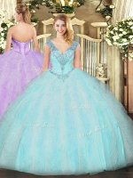 Ruffles 15th Birthday Dress Aqua Blue Lace Up Sleeveless Floor Length